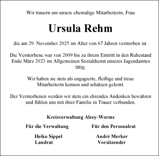 Traueranzeige von Ursula Rehm von Allgemeine Zeitung Alzey