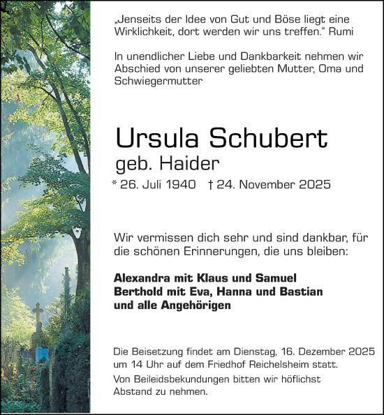 Traueranzeige von Ursula Schubert von Odenwälder Echo