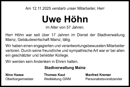 Traueranzeige von Uwe Höhn von Allgemeine Zeitung Mainz