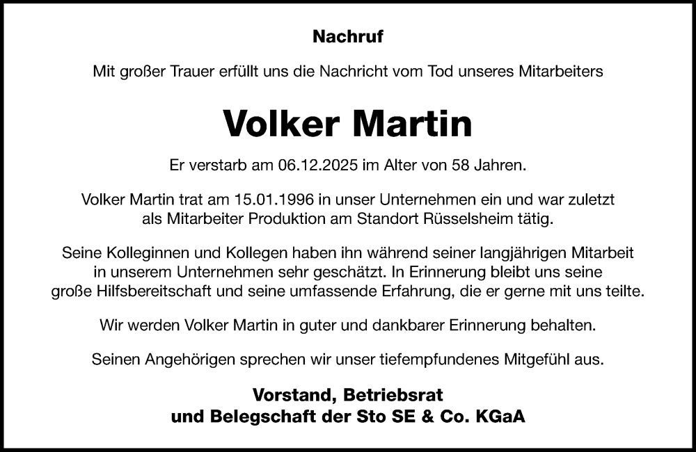  Traueranzeige für Volker Martin vom 13.12.2025 aus Rüsselsheimer Echo