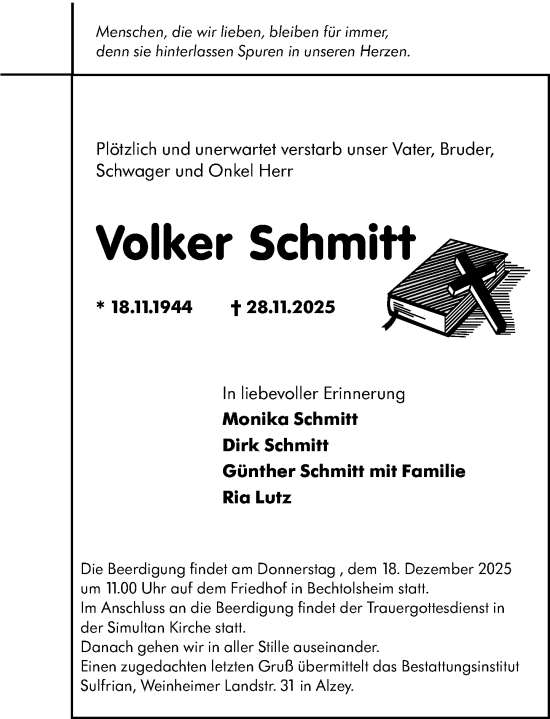 Traueranzeige von Volker Schmitt von Allgemeine Zeitung Alzey