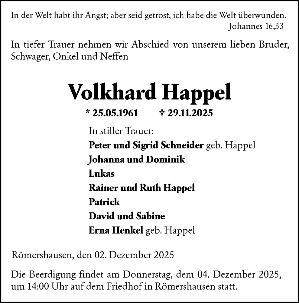  Traueranzeige für Volkhard Happel vom 02.12.2025 aus Hinterländer Anzeiger
