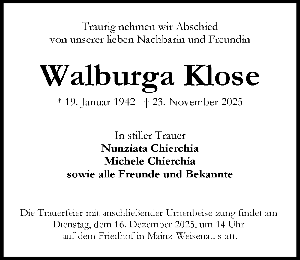  Traueranzeige für Walburga Klose vom 13.12.2025 aus Allgemeine Zeitung Mainz