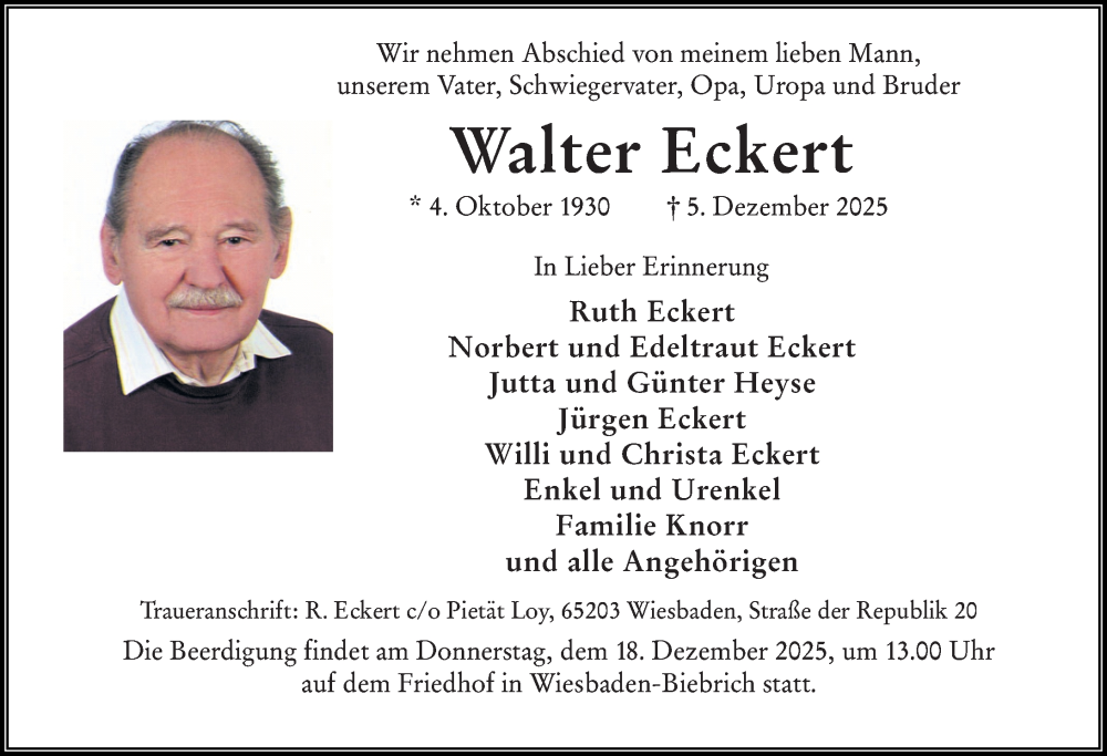  Traueranzeige für Walter Eckert vom 13.12.2025 aus Wiesbadener Kurier