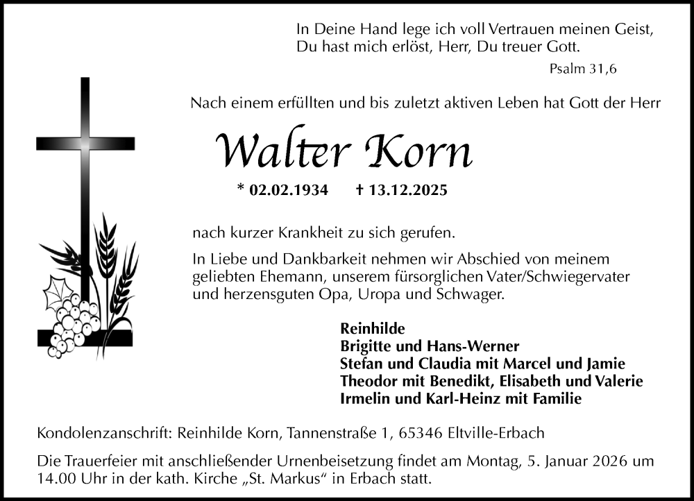  Traueranzeige für Walter Korn vom 20.12.2025 aus Rheingau Kurier