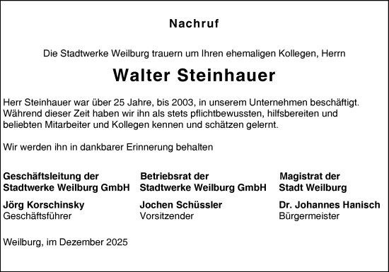 Traueranzeige von Walter Steinhauer von Weilburger Tageblatt