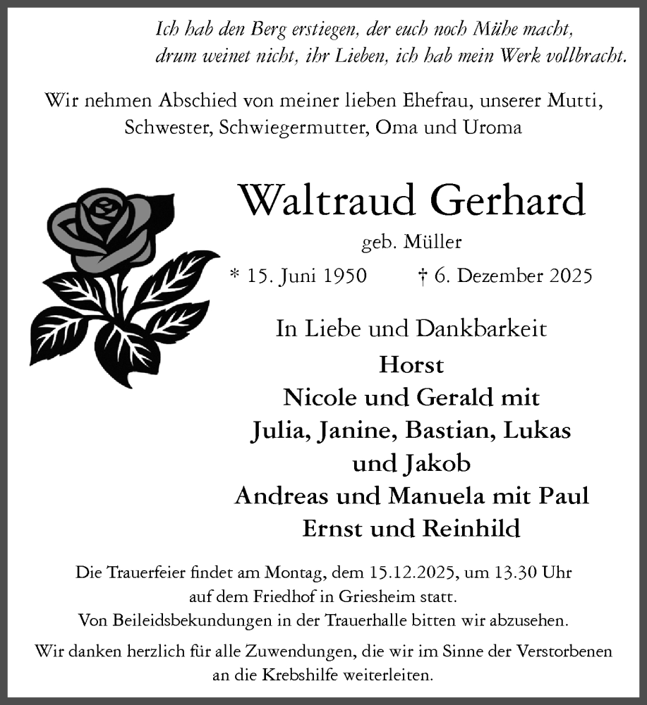  Traueranzeige für Waltraud Gerhard vom 13.12.2025 aus Groß-Gerauer Echo