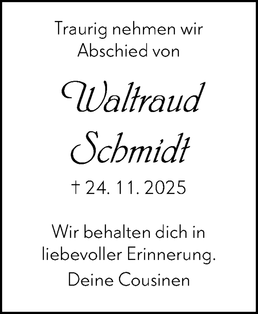  Traueranzeige für Waltraud Schmidt vom 11.12.2025 aus Camberger Anzeiger