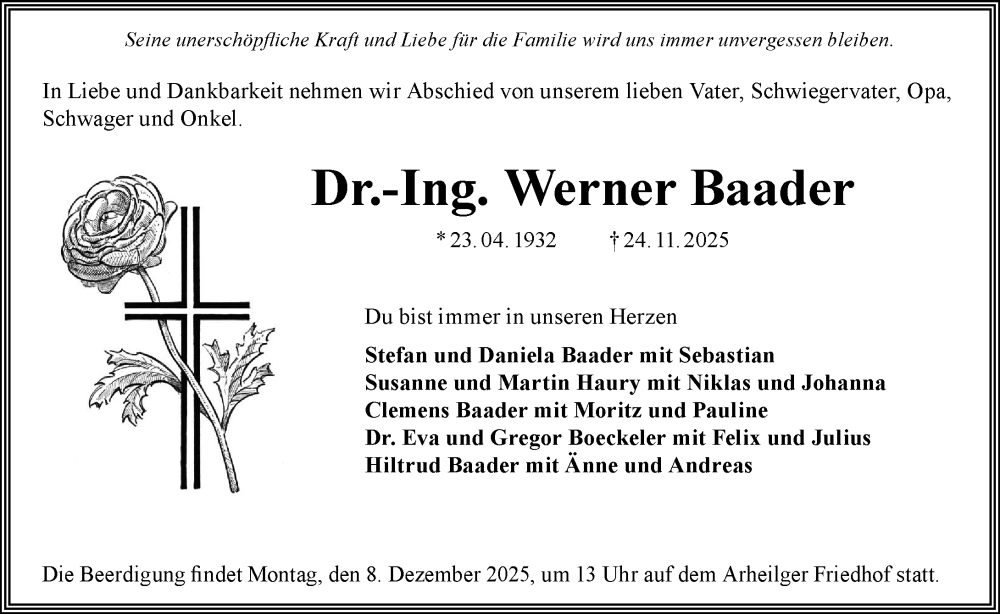  Traueranzeige für Werner Baader vom 06.12.2025 aus Darmstädter Echo