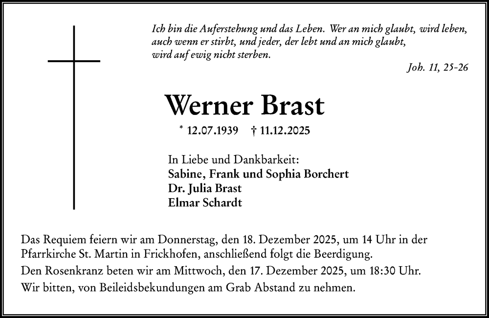 Traueranzeige für Werner Brast vom 16.12.2025 aus Nassauische Neue Presse