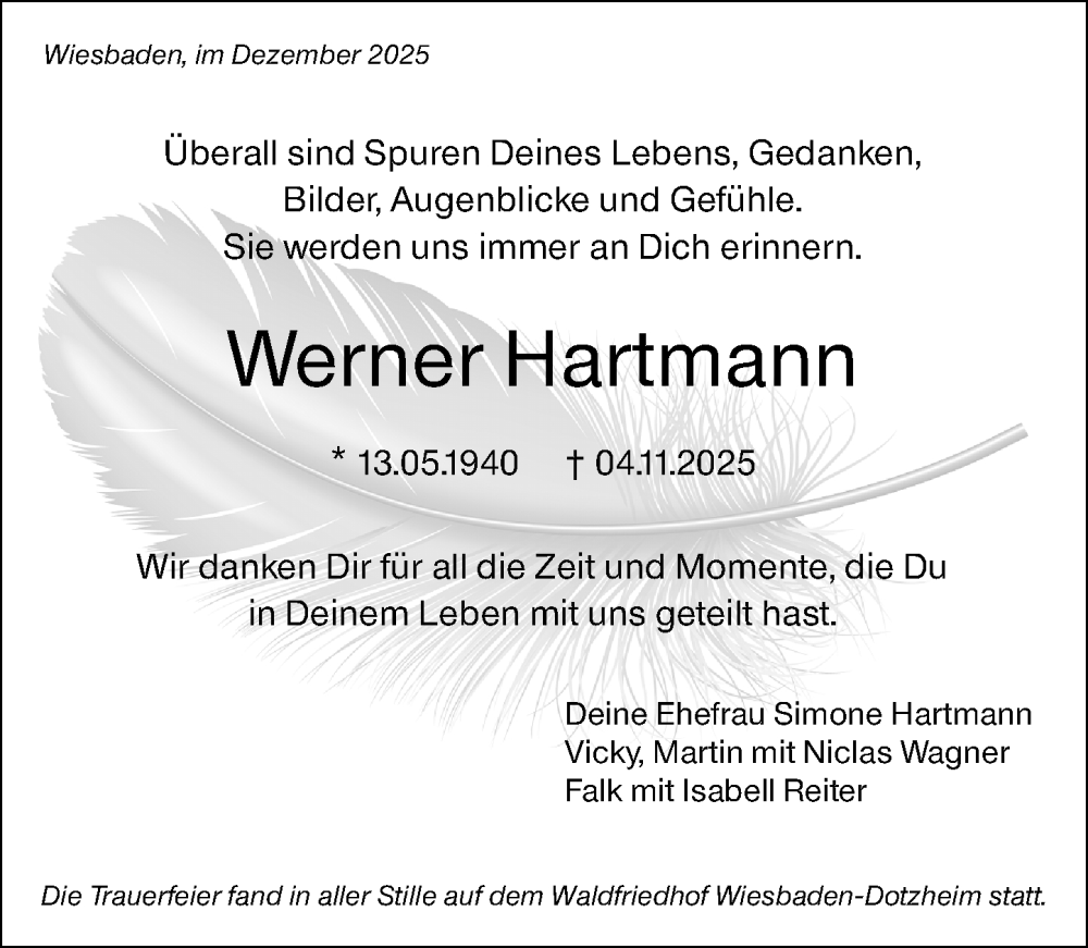  Traueranzeige für Werner Hartmann vom 13.12.2025 aus Wiesbadener Kurier