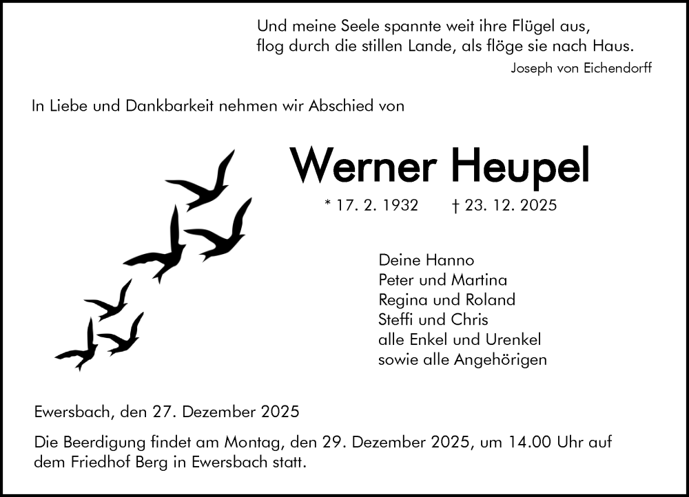  Traueranzeige für Werner Heupel vom 27.12.2025 aus Dill Block