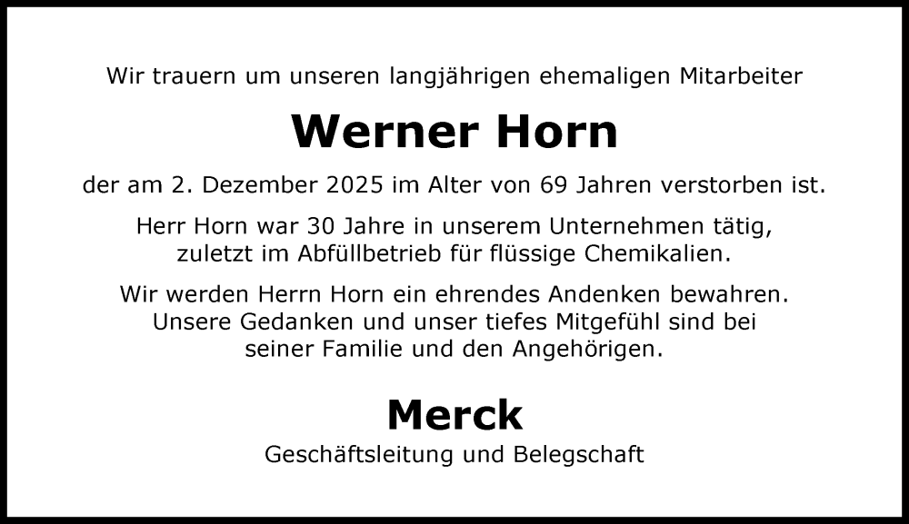  Traueranzeige für Werner Horn vom 20.12.2025 aus Darmstädter Echo