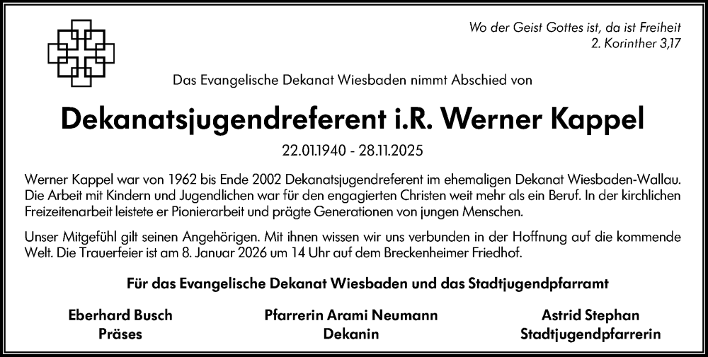  Traueranzeige für Werner Kappel vom 20.12.2025 aus Wiesbadener Kurier