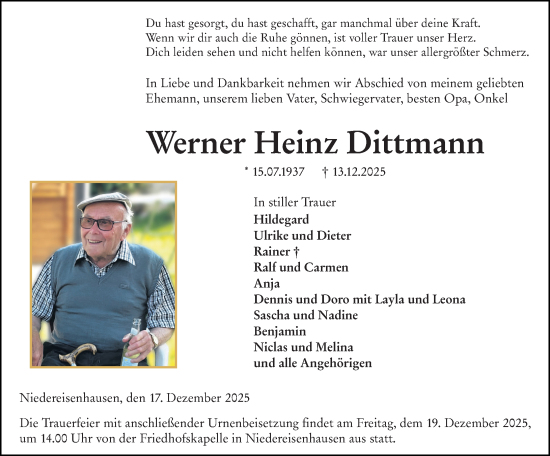Traueranzeige von Werner Heinz Dittmann von Hinterländer Anzeiger