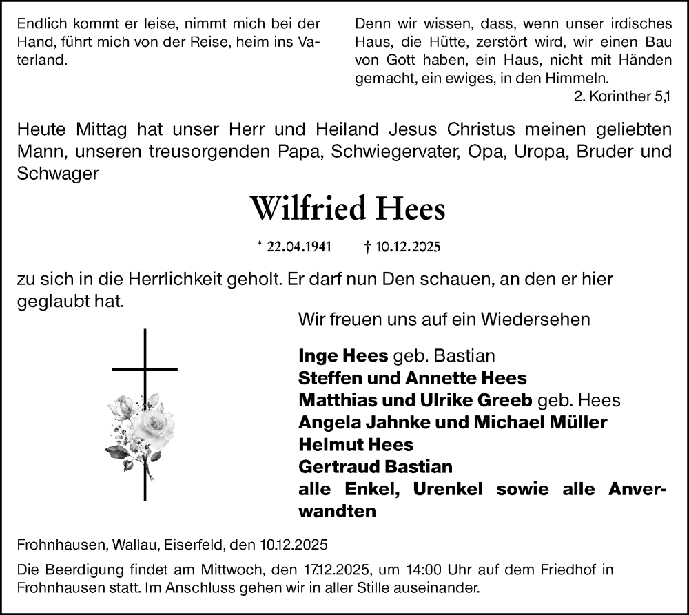  Traueranzeige für Wilfried Hees vom 13.12.2025 aus Dill Block
