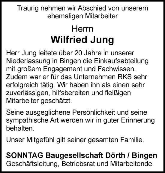 Traueranzeige von Wilfried Jung von Allgemeine Zeitung Rheinhessen-Nahe