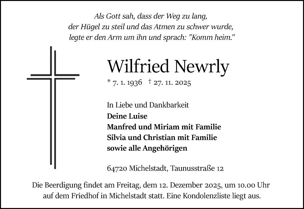  Traueranzeige für Wilfried Newrly vom 06.12.2025 aus Odenwälder Echo