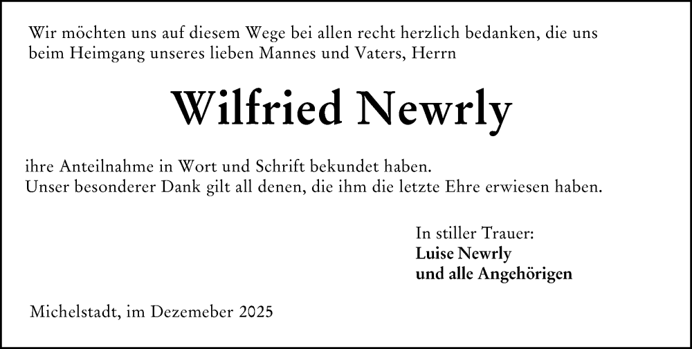  Traueranzeige für Wilfried Newrly vom 27.12.2025 aus Odenwälder Echo