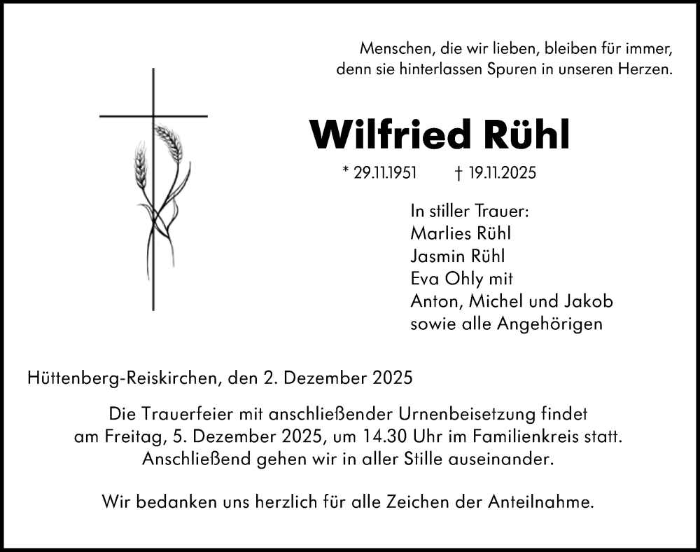  Traueranzeige für Wilfried Rühl vom 02.12.2025 aus Wetzlarer Neue Zeitung