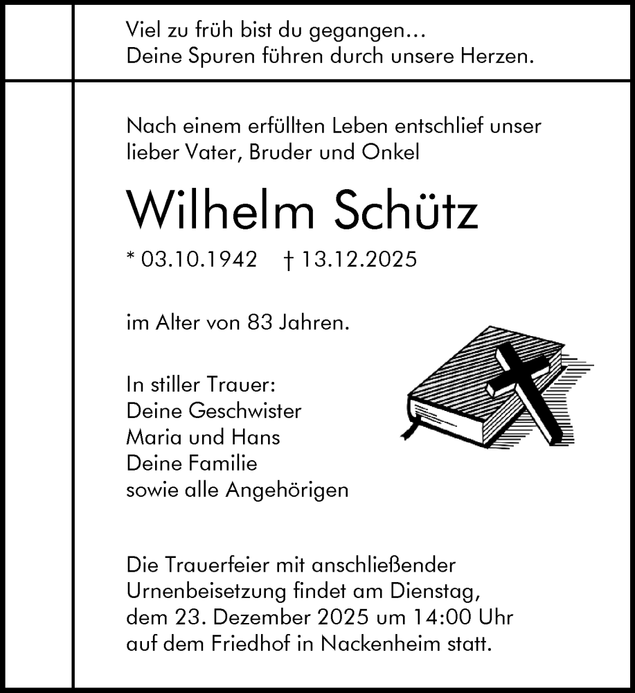  Traueranzeige für Wilhelm Schütz vom 20.12.2025 aus Allgemeine Zeitung Mainz