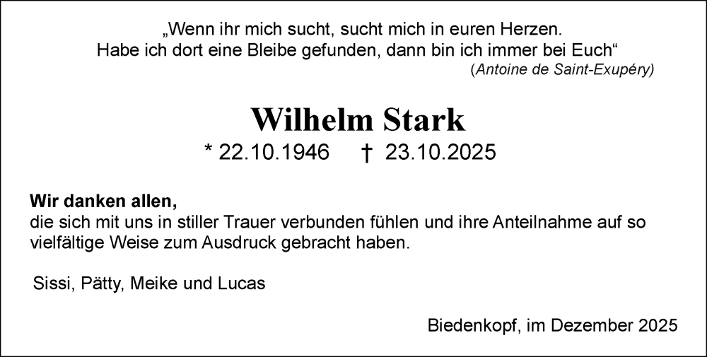  Traueranzeige für Wilhelm Stark vom 20.12.2025 aus Hinterländer Anzeiger