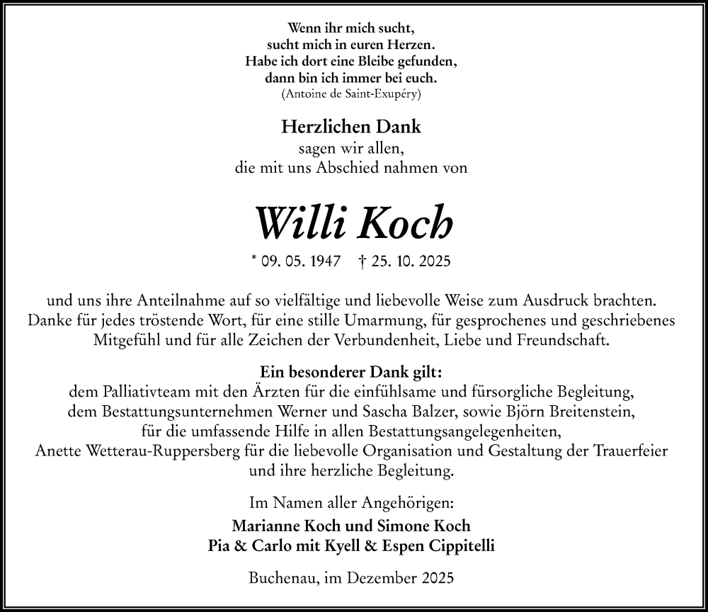  Traueranzeige für Willi Koch vom 13.12.2025 aus Hinterländer Anzeiger