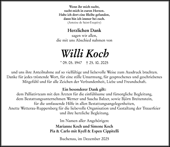 Traueranzeige von Willi Koch von Hinterländer Anzeiger