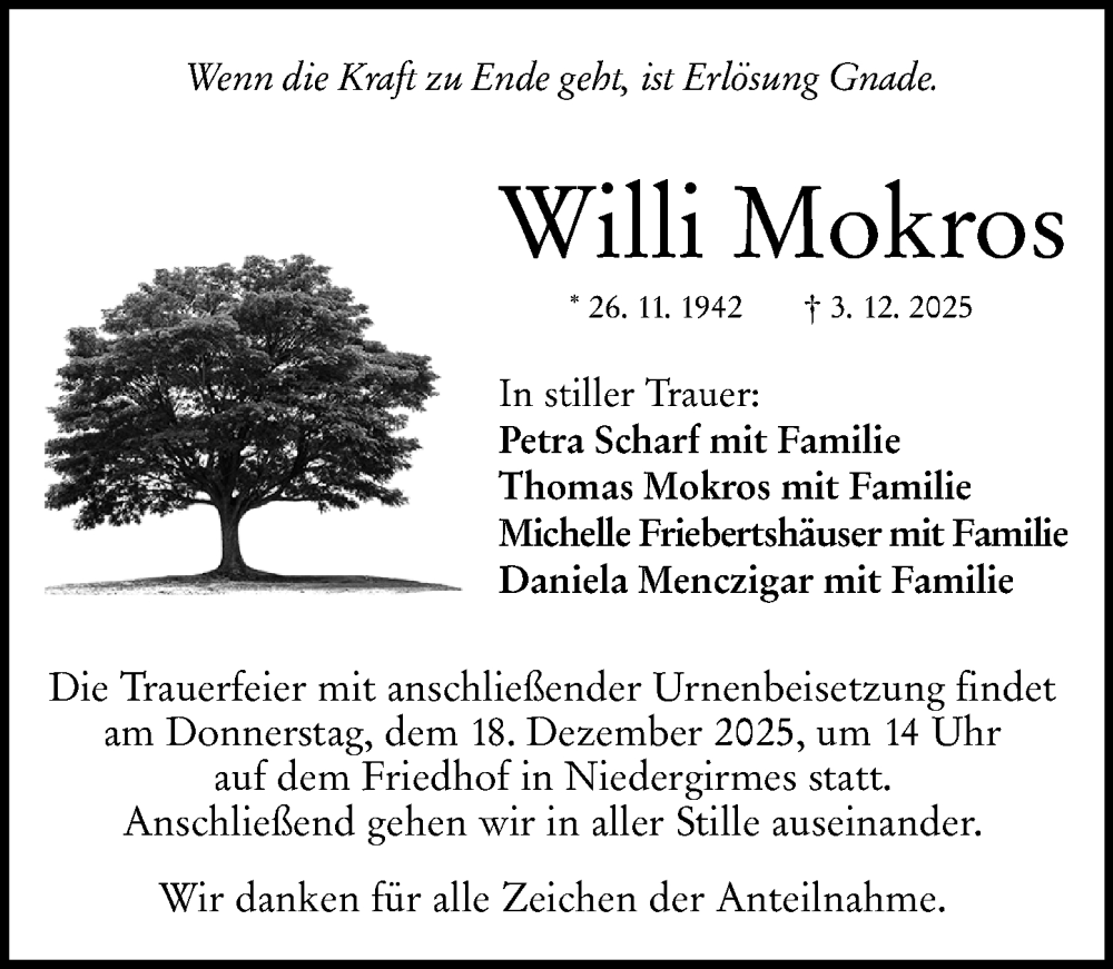  Traueranzeige für Willi Mokros vom 13.12.2025 aus Wetzlarer Neue Zeitung
