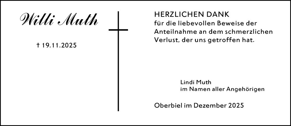  Traueranzeige für Willi Muth vom 10.12.2025 aus Wetzlarer Neue Zeitung