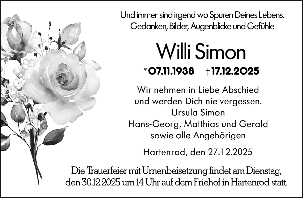  Traueranzeige für Willi Simon vom 27.12.2025 aus Hinterländer Anzeiger