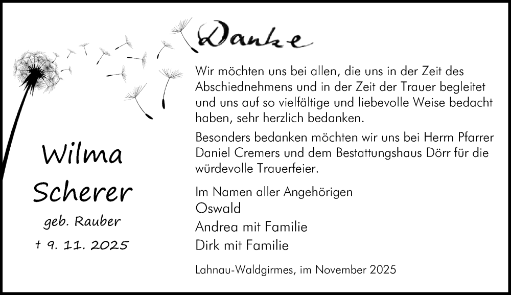  Traueranzeige für Wilma Scherer vom 06.12.2025 aus Wetzlarer Neue Zeitung