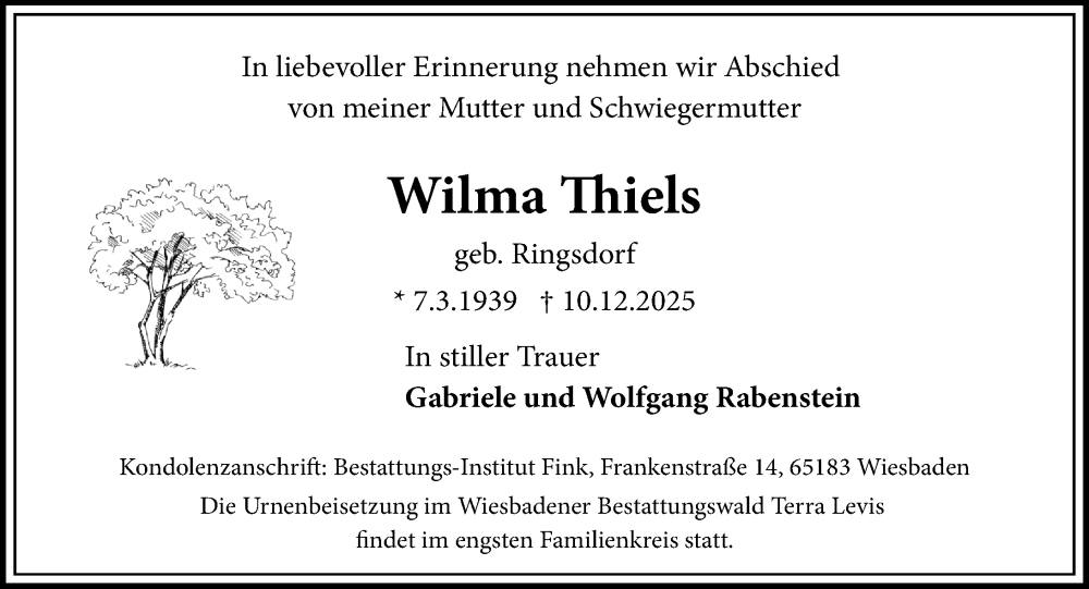  Traueranzeige für Wilma Thiels vom 20.12.2025 aus Wiesbadener Kurier