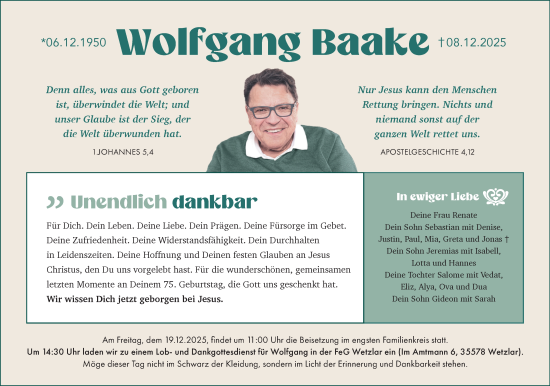 Traueranzeige von Wolfgang Baake von Wetzlarer Neue Zeitung