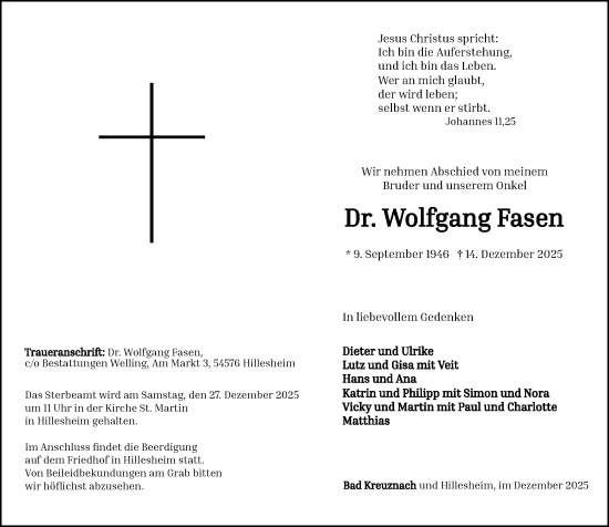 Traueranzeige von Wolfgang Fasen von Allgemeine Zeitung Rheinhessen-Nahe