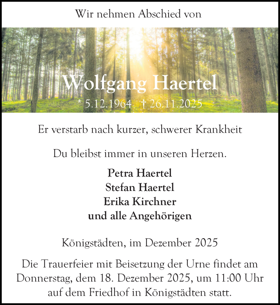  Traueranzeige für Wolfgang Haertel vom 13.12.2025 aus Rüsselsheimer Echo