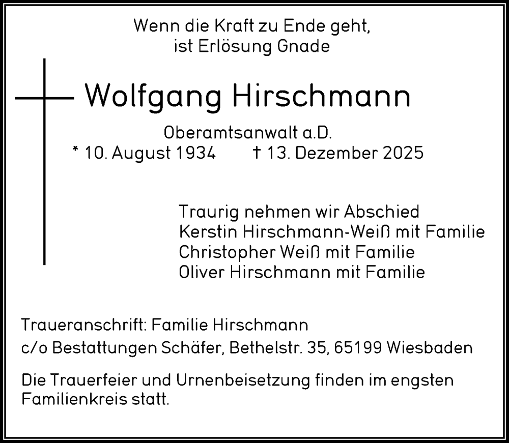  Traueranzeige für Wolfgang Hirschmann vom 27.12.2025 aus Wiesbadener Kurier