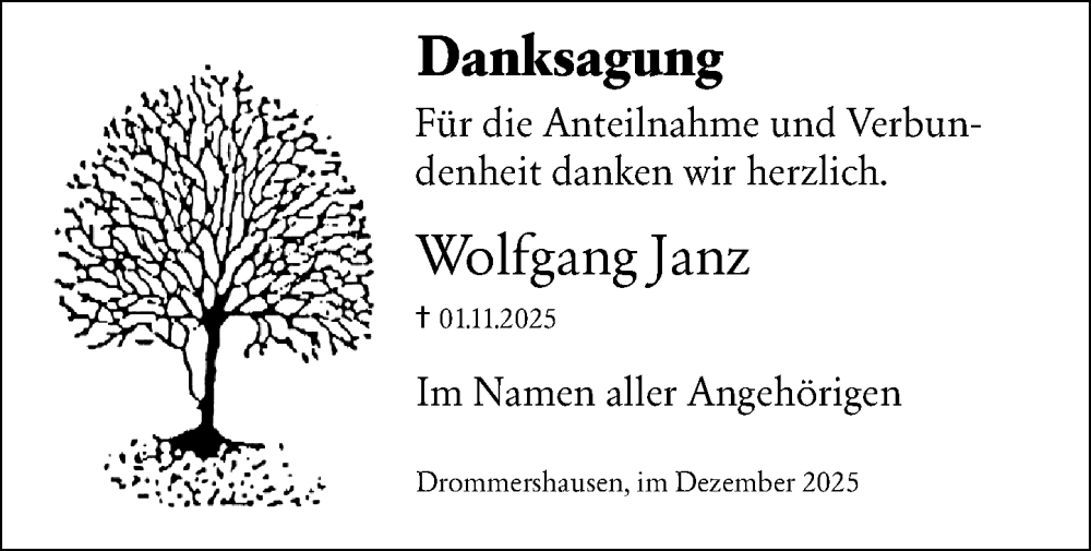  Traueranzeige für Wolfgang Janz vom 20.12.2025 aus Weilburger Tageblatt
