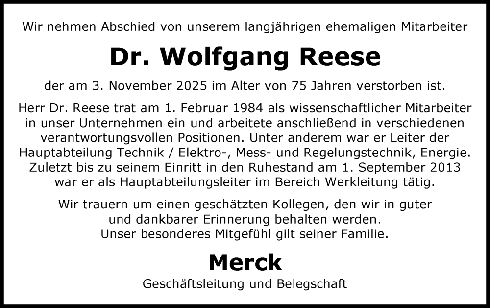  Traueranzeige für Wolfgang Reese vom 06.12.2025 aus Darmstädter Echo