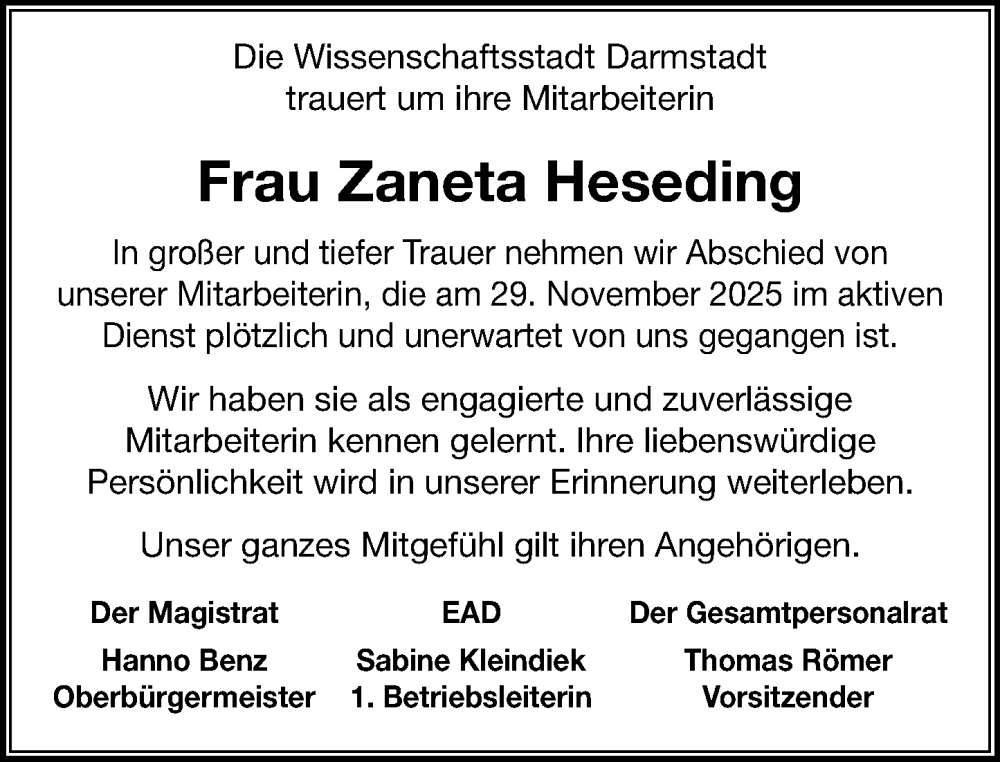  Traueranzeige für Zaneta Heseding vom 13.12.2025 aus Darmstädter Echo