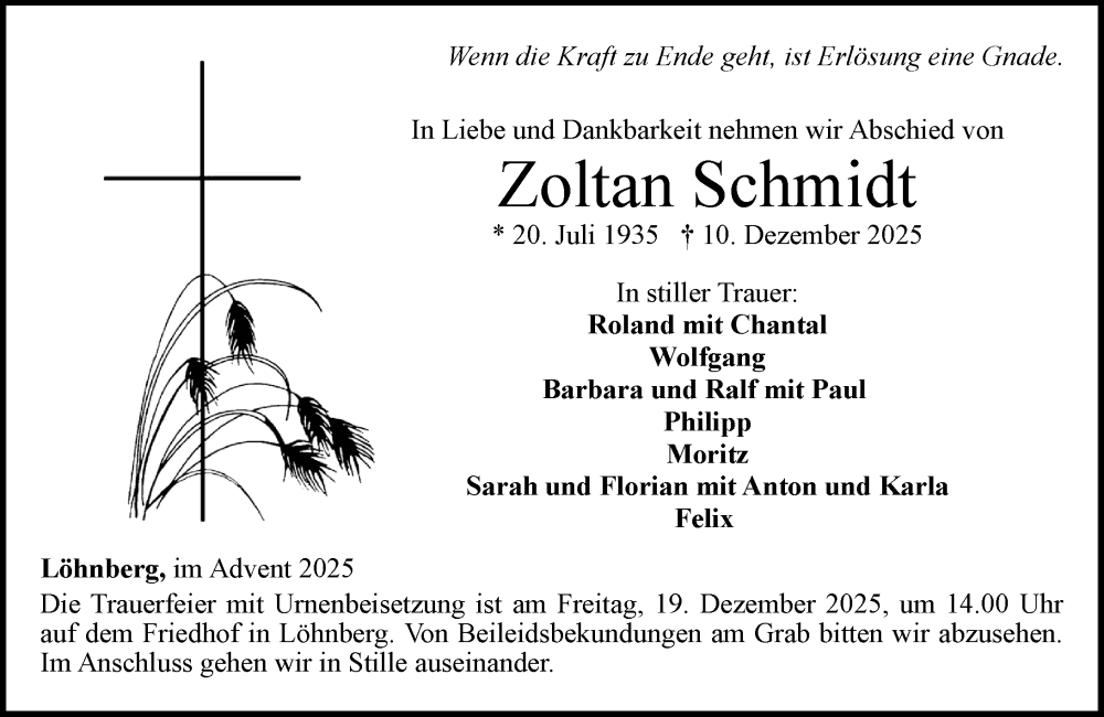  Traueranzeige für Zoltan Schmidt vom 13.12.2025 aus Weilburger Tageblatt