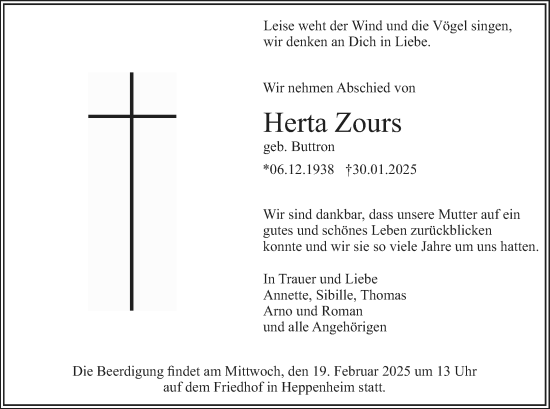Traueranzeige von Herta Zours von Hinterländer Anzeiger