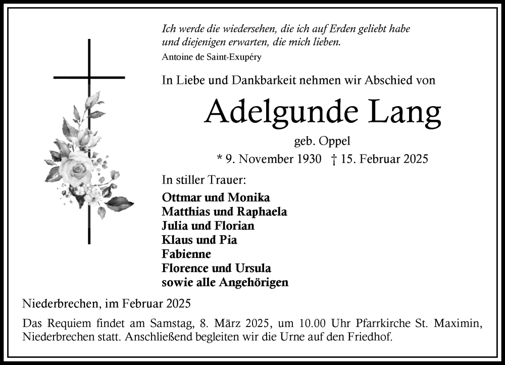  Traueranzeige für Adelgunde Lang vom 27.02.2025 aus Camberger Anzeiger