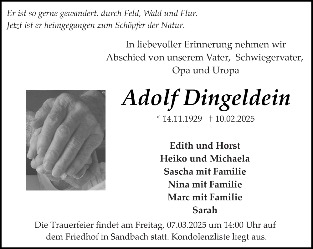  Traueranzeige für Adolf Dingeldein vom 22.02.2025 aus Odenwälder Echo