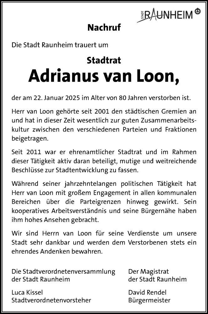  Traueranzeige für Adrianus van Loon vom 08.02.2025 aus Rüsselsheimer Echo