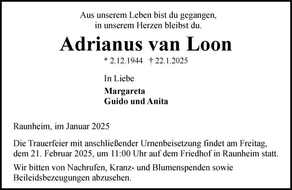  Traueranzeige für Adrianus van Loon vom 01.02.2025 aus Rüsselsheimer Echo
