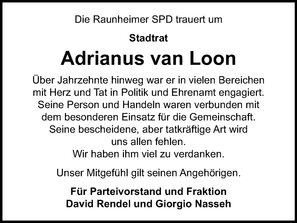  Traueranzeige für Adrianus van Loon vom 01.02.2025 aus Rüsselsheimer Echo