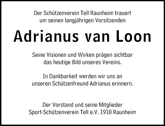 Traueranzeige von Adrianus van Loon von Rüsselsheimer Echo