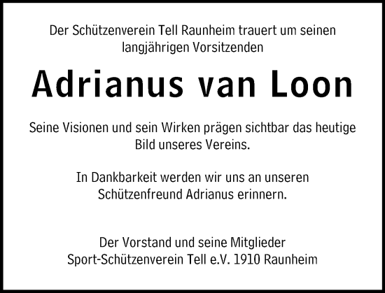 Traueranzeige von Adrianus van Loon von Mainspitze Wochenblatt