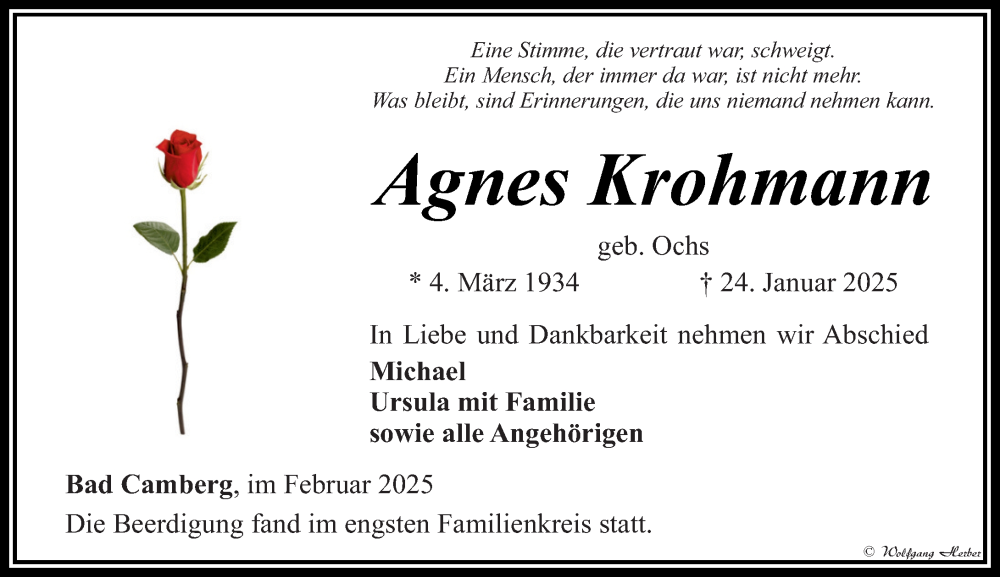  Traueranzeige für Agnes Krohmann vom 06.02.2025 aus Camberger Anzeiger